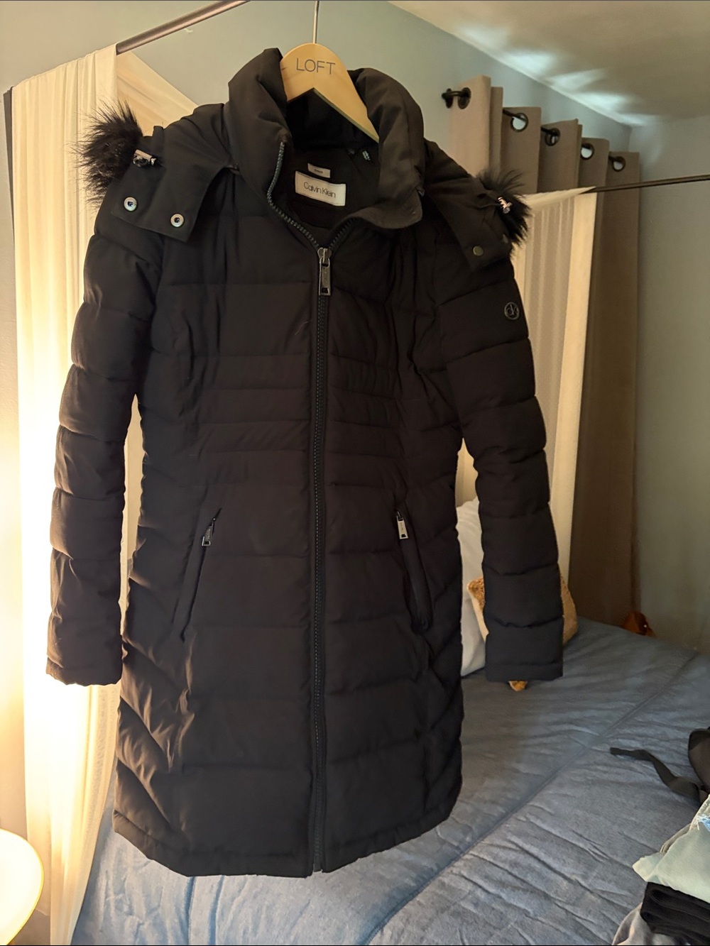 Calvin Klein Black Quilted Long Puffer Coat with Faux-Fur Hood